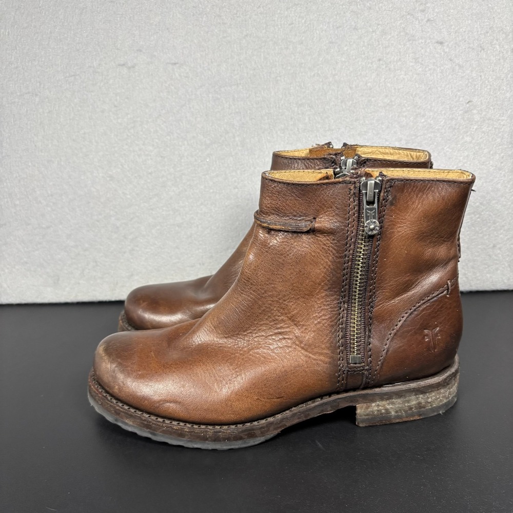 Frye Womens Veronica Leather Ankle Boots Sz 8B Brown Dual Side Zip Short Booties